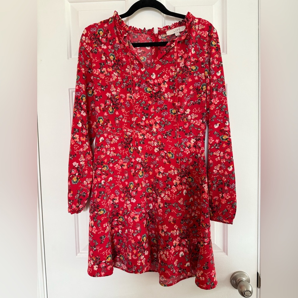 LOFT Red Floral Ruffle Dress